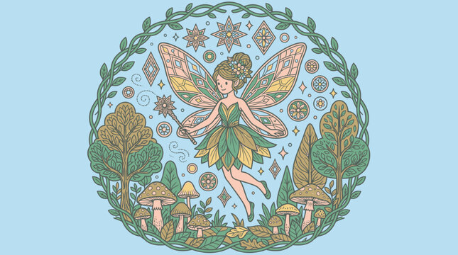 Ilustraci&oacute;n de una hada m&aacute;gica con alas de mariposa y varita, rodeada de un c&iacute;rculo de naturaleza bot&aacute;nica y elementos celestiales.