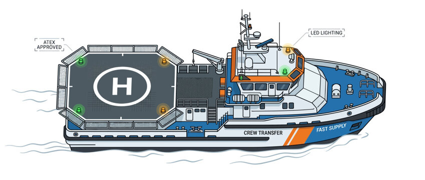 Offshore Supply Vessel with Helideck and ATEX Equipment Illustration