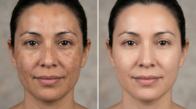 Before and after skin transformation showing significant reduction in pigmentation and improved complexion with clear, smooth