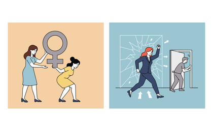 Fototapeta premium Empowering illustration of women supporting each other to lift a heavy symbol and breaking through a literal glass ceiling in business.
