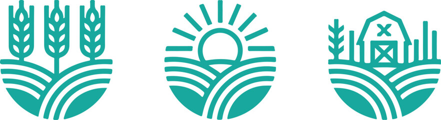 Modern agriculture vector icons featuring wheat stalks, sunrise over farmland, and barn with crops in clean teal design © ABUSAYED