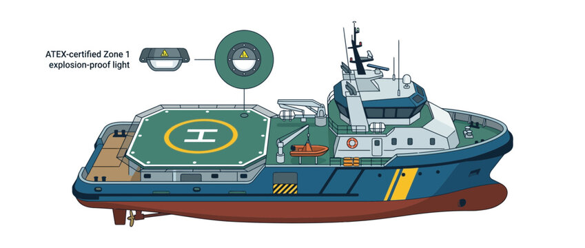 Offshore Support Vessel with Helideck and ATEX Certified Light, Marine Industry Illustration