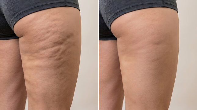 before and after comparison showcasing the reduction of cellulite and skin improvement in the thigh area using specialized
