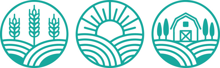 Modern agriculture vector icons featuring wheat stalks, sunrise over farmland, and barn with crops in clean teal design © ABUSAYED