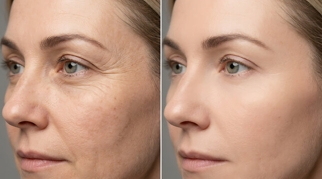 before and after skincare treatment showcasing significant reduction in facial wrinkles and improved skin texture for youthful
