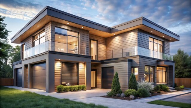 A modern duplex with a sleek design featuring light gray siding large windows and a flat roof