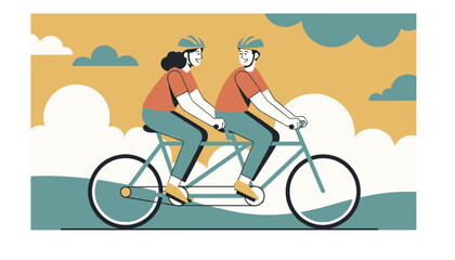Fototapeta premium Smiling couple enjoys a healthy outdoor activity while riding a blue tandem bicycle together along a scenic path under a warm yellow sky.