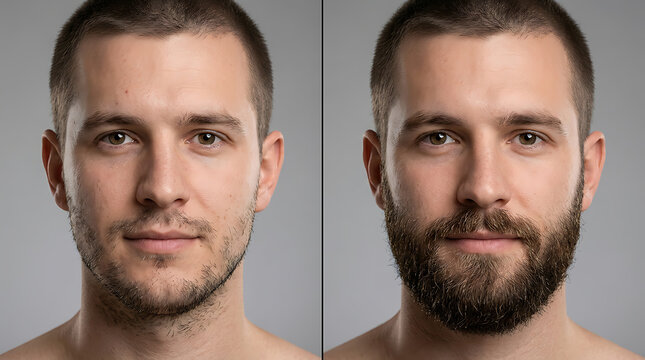 Side-by-side comparison of a clean-shaven man and the same individual with a full beard showcasing grooming transformation