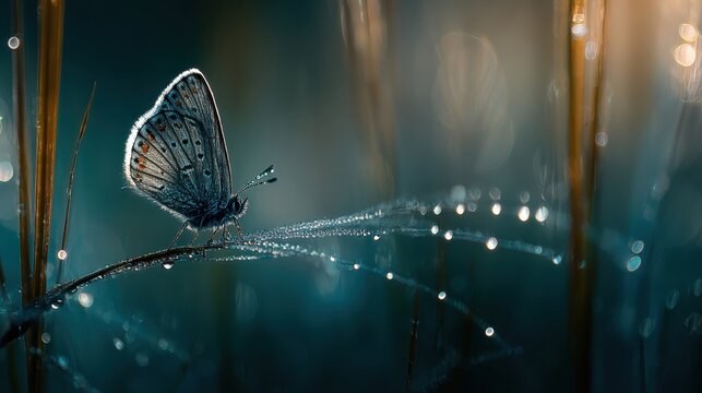 Delicate sapphire butterfly perched on a dew-covered spiderweb in soft morning light, showcasing nature's intricate beauty.