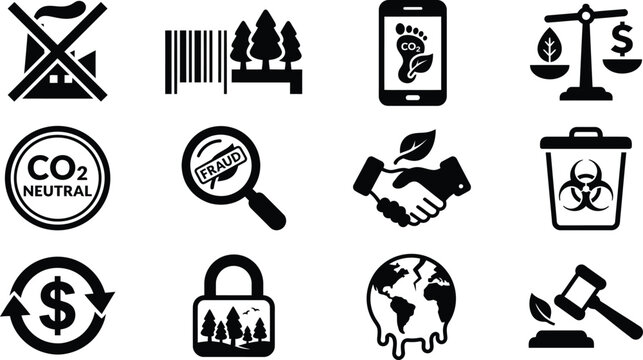 Collection Of Black Flat Icons Representing Environmental Concerns Legal Compliance And Financial Responsibility carbon neutrality eco friendly sustainability