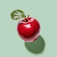 Fototapeta premium Fresh Red Apple with Leaf Floating on Sage Green Background