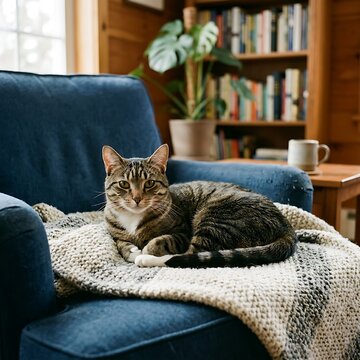 Tabby cat relaxing on a knitted blanket on a blue armchair with armchair domestic bookcase