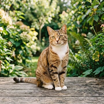 Tabby cat sitting on wooden planks in a sunlit garden with sunlight domestic whiskers