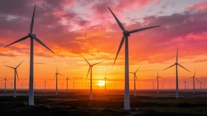 Wind turbines field at dramatic sunset with colorful sky ideal for renewable energy marketing and sustainability banner © zou