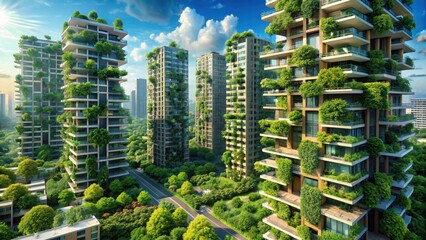Obraz premium A sleek and modern ecocityscape features towering vertical forest buildings covered in lush greenery blending seamlessly into a vibrant urban landscap