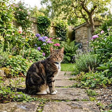 Tabby cat sitting on a stone garden path surrounded by summer flowers with domestic