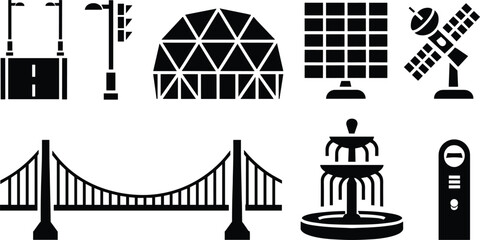 Smart city infrastructure and sustainable urban utility elements set featuring solar panel satellite dome bridge silhouette vectors © MdAnarulIslam