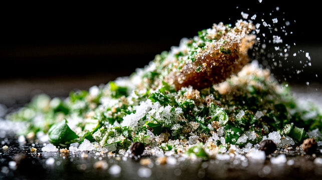 Sprinkling fine herbs and spices over a textured surface with depth of field sprinkling seasoning