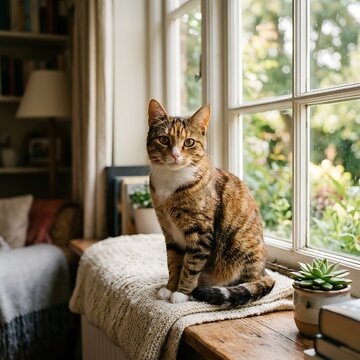 Tabby cat sitting on a knitted blanket near a sunny window with sunlight domestic interior
