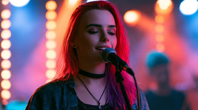 A young woman passionately sings into a microphone on stage, illuminated by vibrant lights in a lively music environment.