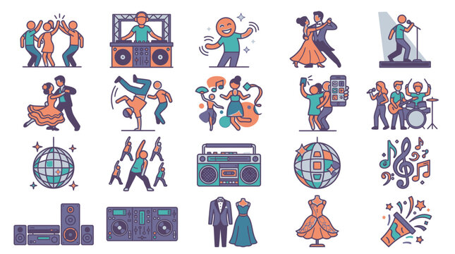 Set di icone vettoriali piatte che rappresentano persone che ballano, musicisti, DJ, strumenti musicali, abbigliamento da festa e attrezzature audio per eventi di intrattenimento.