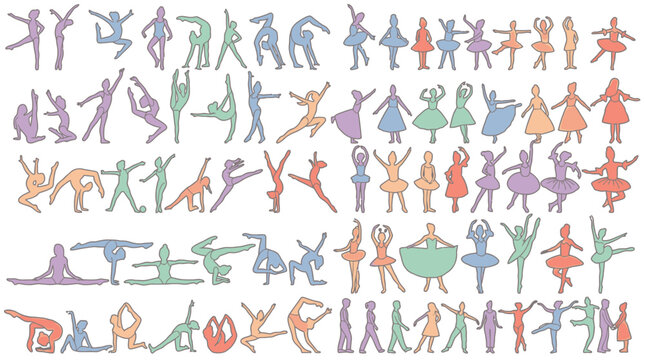 Ampia collezione di sagome colorate di ballerine e ginnaste in varie pose dinamiche, ideali per progetti grafici creativi, design di danza, fitness e illustrazioni artistiche su sfondo bianco.