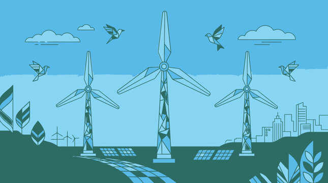 Illustrazione vettoriale piatta di un parco eolico con turbine eoliche, pannelli solari e uccelli in volo, che rappresenta il concetto di energia pulita e sostenibile in un ambiente naturale.