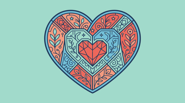 Illustrazione vettoriale di un cuore decorativo con motivi floreali e geometrici in stile artigianale su sfondo color pastello, ideale per San Valentino o biglietti d'auguri.
