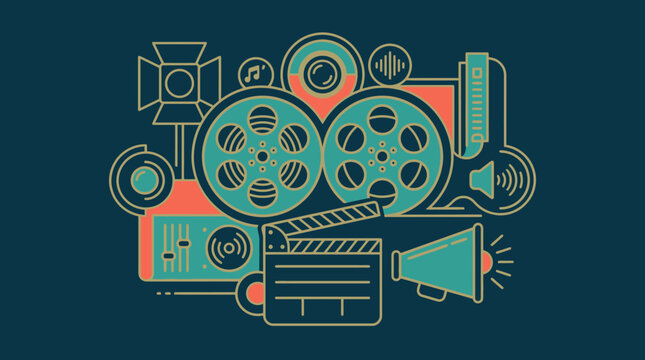 Illustrazione vettoriale piatta che rappresenta elementi dell'industria cinematografica e della produzione video con bobine di pellicola, ciak, megafono e attrezzature tecniche su sfondo scuro.