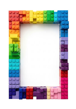 ultra-realistic photorealistic flat lay of a vertical rainbow construction brick border on transparent with sharp white copy space, high-key studio lighting, concept of organized structure