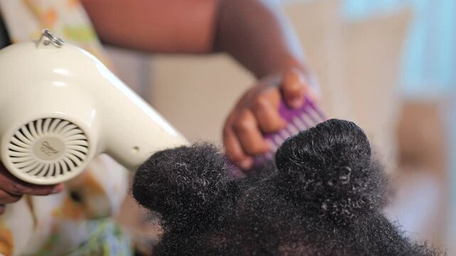 Macro texture of coily afro hair during blow out styling