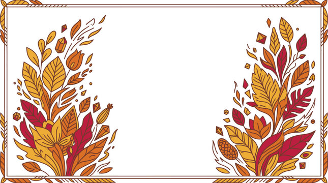Cornice decorativa autunnale con foglie stilizzate, fiori e motivi botanici in colori caldi su sfondo bianco, ideale per inviti, biglietti di auguri e design stagionali.