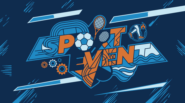 Dynamiczna grafika z napisem Sport Event, przedstawiająca ikony piłki nożnej, rakiety tenisowej i bieżni lekkoatletycznej w nowoczesnym, geometrycznym stylu na ciemnoniebieskim tle.