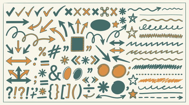 Set di elementi grafici disegnati a mano con frecce, simboli, segni di spunta, stelle e linee decorative in stile doodle su sfondo color crema per progetti creativi e design.