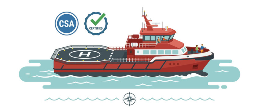 Red offshore supply vessel with helideck, CSA certified, sailing on blue water