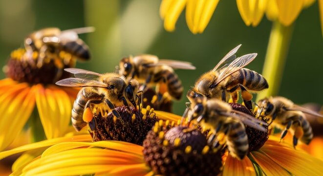Honeybees collecting nectar on vibrant yellow flowers.