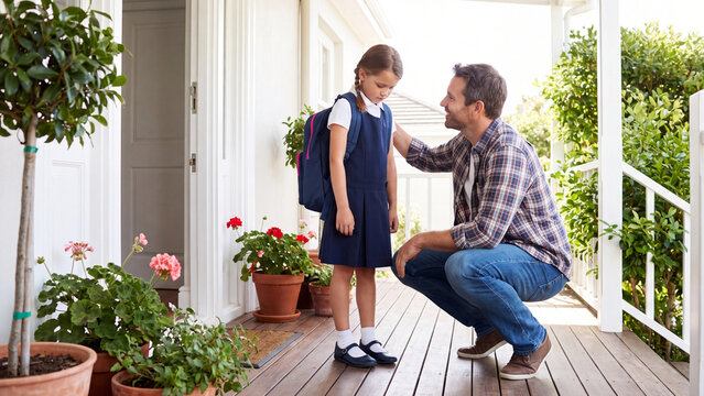 Father kneels on a sunny residential porch to talk with his young daughter who is wearing a school uniform and feeling hesitant about her day ahead.
