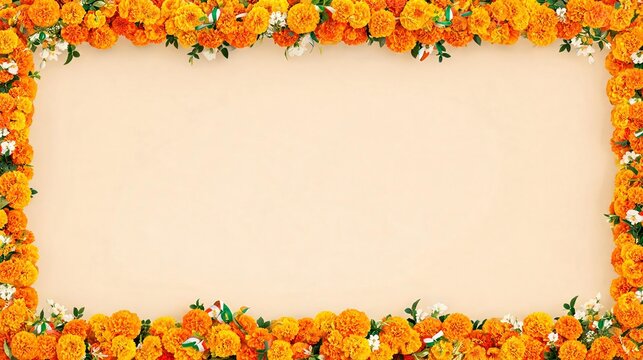 Vibrant orange marigold flowers arranged as a rectangular border on a soft light beige background