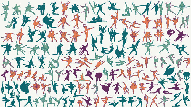 Un ampio set di sagome colorate che illustrano ballerini in diverse pose dinamiche, salti e figure di danza classica e moderna su uno sfondo bianco pulito per progetti grafici.