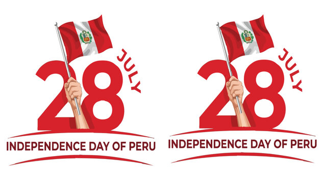Peru Independence Day celebration graphic, July 28 national holiday typography, hand holding Peruvian flag vector illustration isolated on White Background
