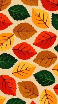 Seamless pattern featuring colorful autumn leaves in red, orange, yellow, green, and brown on a warm beige background. Perfect for fall videos, seasonal themes, wallpapers, textiles