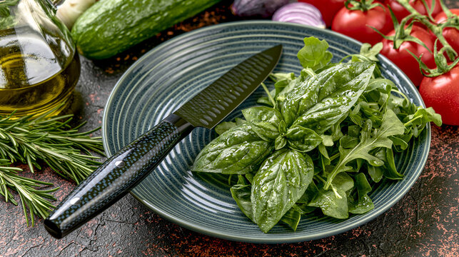 Fresh green basil leaves on a round ceramic plate with kitchen knife and vegetables