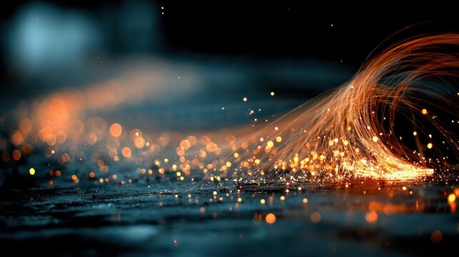 Dynamic glowing sparks creating an ethereal light trail across a dark textured surface