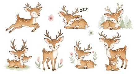Fototapeta premium Cute Cartoon Deer Family in Watercolor Style.