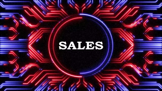 Abstract background featuring glowing blue digital circuitry with sales word text.