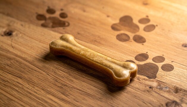 Emotional still life featuring a dog bone surrounded by paw prints on a rustic wooden surface, symbolizing pet remembrance, loyalty, companionship, and unconditional love. 