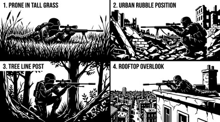 Naklejka premium Military sniper tactical positions illustration set in black and white ink style.