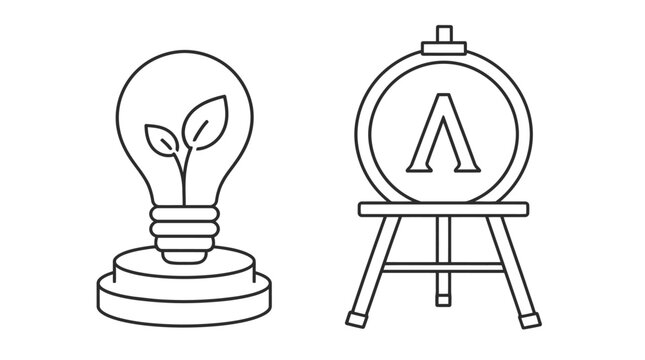 Lightbulb icon with leaves and easel holding circular emblem with lambda symbol