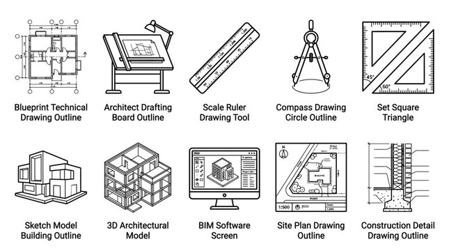 Set of ten architectural design and construction engineering line art icons.