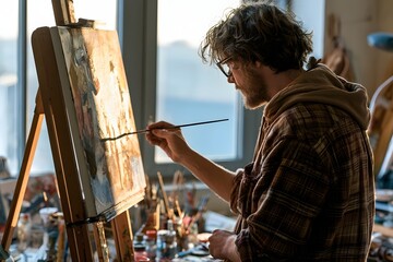 Artist Painting on Canvas in Sunlit Studio © Tharshan